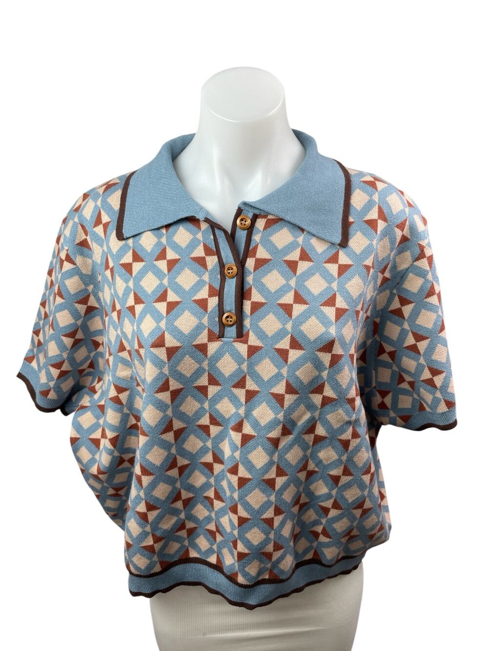 Cider Women's Blue Short Sleeve Argyle Collar Loose Polo Shirt Sweater Size 4XL
